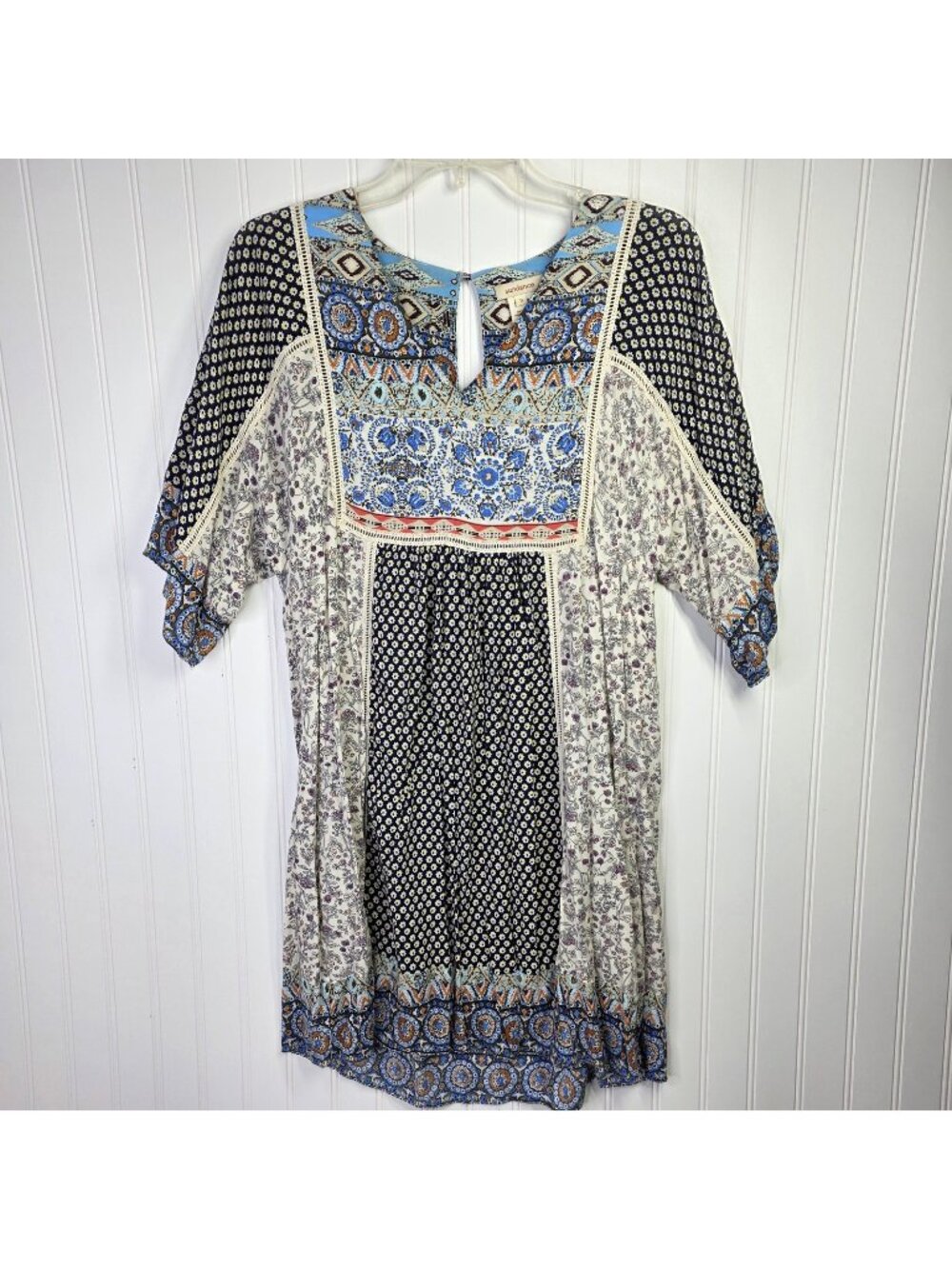 Sundance Dress Womens Small Blue Floral Boho Shift Tunic Peasant Crochet Festive